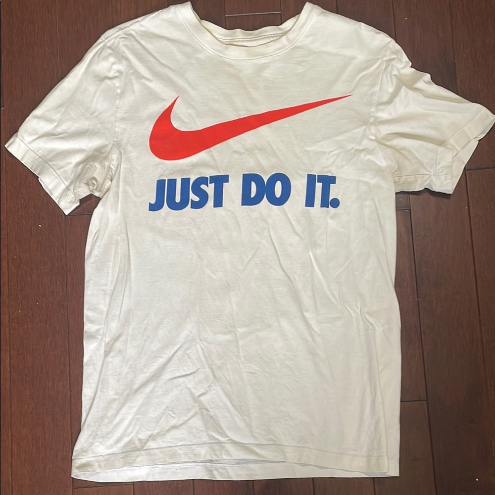 Nike White Short Sleeve Tee with Red Swoosh and Blue 'Just Do It.'